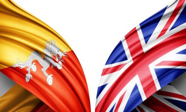 Bhutan bayrağı ve Birleşik Krallık ipek ve beyaz arkaplan 3D illüstrasyon bayrağı