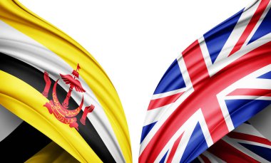 Brunei bayrağı ve ipek ve beyaz arkaplan resimli Birleşik Krallık bayrağı