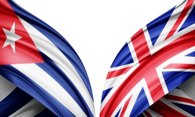  Küba bayrağı ve Birleşik Krallık ipek ve beyaz arkaplan 3D illüstrasyon bayrağı.