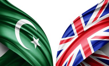  Yıldız ve Hilal bayrağı, İslami din sembolü ve Birleşik Krallık ipek-3D illüstrasyon bayrağı.