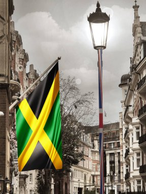 Londra şehri, İngiltere, Jamaika ipek bayrağı - 3D illüstrasyon