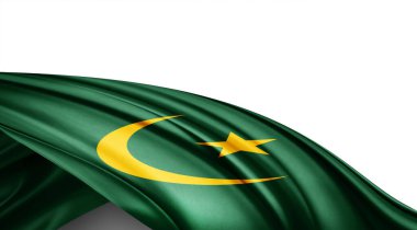 Beyaz arkaplanda ipek Moritanya bayrağı, 3 boyutlu illüstrasyon