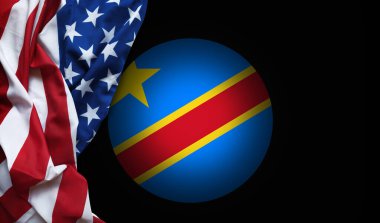 Demokratik Kongo Cumhuriyeti ülke sembolü ve ipeksi ABD bayrağıyla basit bir sahne