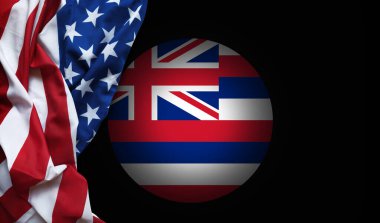 Arka planda Hawaii amblemi ve ABD bayrağı olan sembolik tasarım