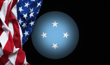 Mikronezya 'nın ulusal ambleminin yanında dalgalı ABD bayrağının basit 3D görüntüsü