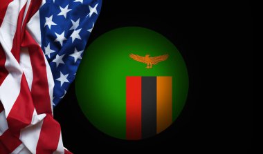 Zambiya ve Amerikan ipek bayrakları, 3 boyutlu illüstrasyon
