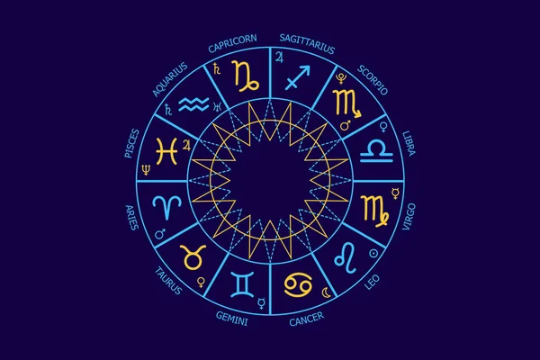 星座の占星術の予測 青い空間の背景にある黄道円のアイコンです 宇宙の濃い青の背景に黄道円 占星術 — ストック写真
