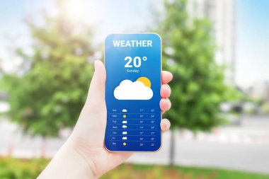 Hava tahmini mobil uygulama. Bir kadının eli bir cep telefonu tutuyor ve bir parkın arka planındaki hava tahminlerine bakıyor. Sıcak yaz baharı