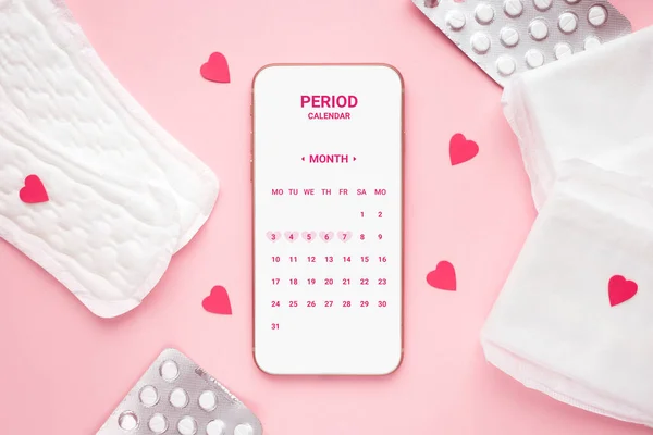 Calendário Aplicação Móvel Ciclo Menstrual Almofadas Femininas Diárias Pílulas Contraceptivas — Fotografia de Stock