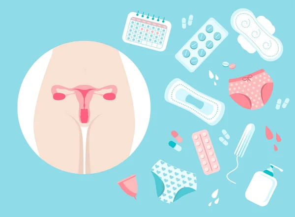 在白色背景上隔离的一组物体的月经周期 有子宫 荷尔蒙避孕药 月经杯 卫生棉条 日历的女性身体 — 图库矢量图片