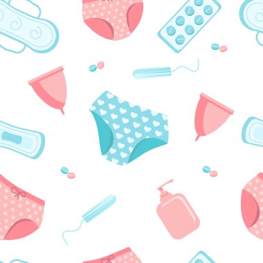 Beyaz arka planda, kadınsı hijyen unsurlarının kusursuz deseni. Pembe arka planda izole edilmiş adet döngüsü nesneleri. Rahim, külot, hap, adet bardağı, tampon, ped, takvim.