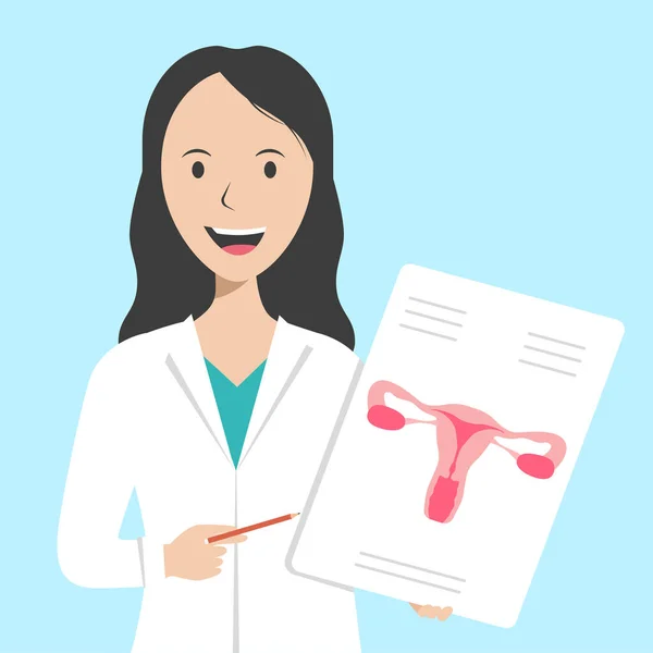 Lékař Drží List Papíru Obrázkem Ženské Dělohy Ukazuje Něj Prstem — Stockový vektor