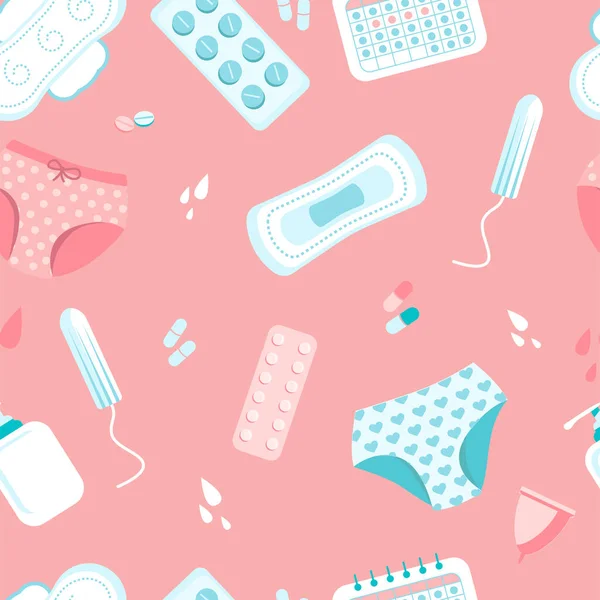 Elemente Weiblicher Hygiene Nahtlose Muster Menstruationszyklus Reihe Von Objekten Auf — Stockvektor