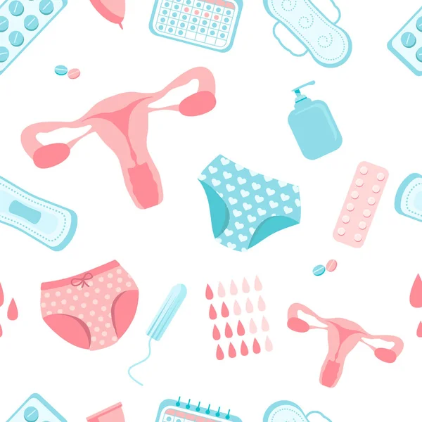 Elemente Weiblicher Hygiene Nahtlose Muster Auf Weißem Hintergrund Menstruationszyklus Reihe — Stockvektor