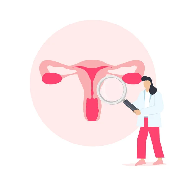 Gynekologisk Undersökning Den Kvinnliga Livmodern Läkaren Håller Ett Förstoringsglas Och — Stock vektor