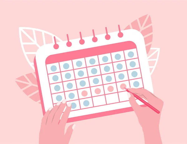 Kalendarz Menstruacyjny Kontrola Planowanie Ciąży Ilustracja Wektora Płaskiego Kobiece Ręce — Wektor stockowy