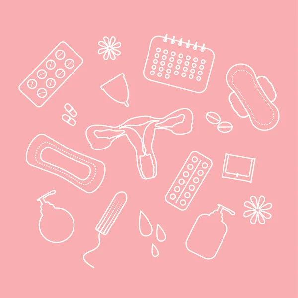 Contorno Con Elementi Igiene Femminile Durante Ciclo Mestruale Sfondo Rosa — Vettoriale Stock