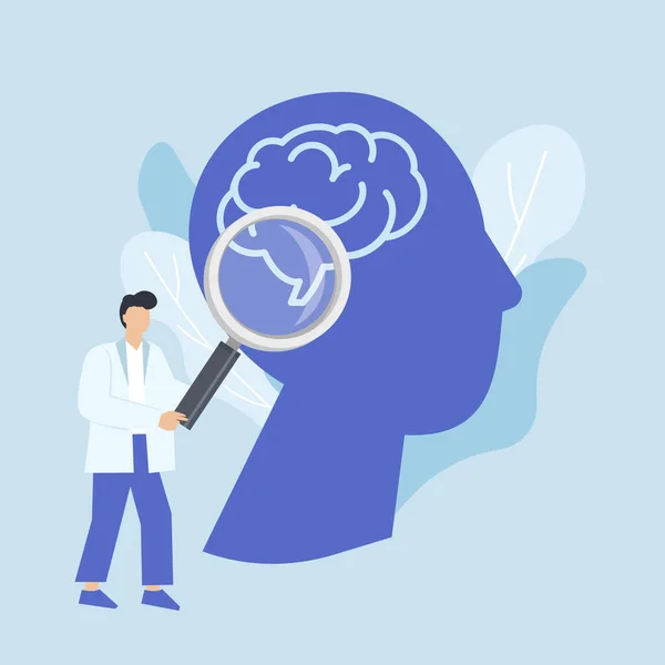 精神保健学は人間の脳の概念を研究する 拡大鏡を持つ医師は 青い背景に脳を持つ人間のシルエットを調べます — ストックベクタ