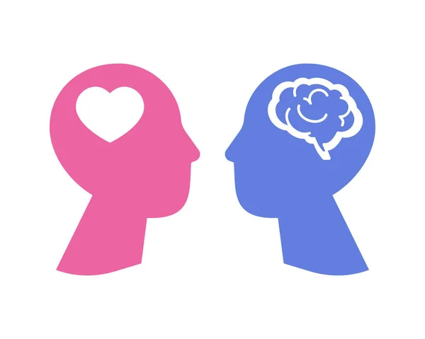 感情対心の概念 男性と女性の愛の心理学 脳と心を内部に持つ女性と男性の頭のシルエット — ストックベクタ