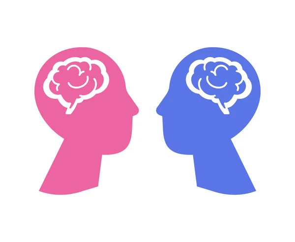 白い背景に脳を持つ男性と女性の頭のシルエット 精神衛生 — ストックベクタ