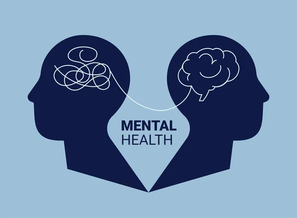 心理学の概念 脳を持つ2人の男性の頭と思考の絡み合った長方形の側面 性格障害 双極性障害 緊張感の概念 — ストックベクタ