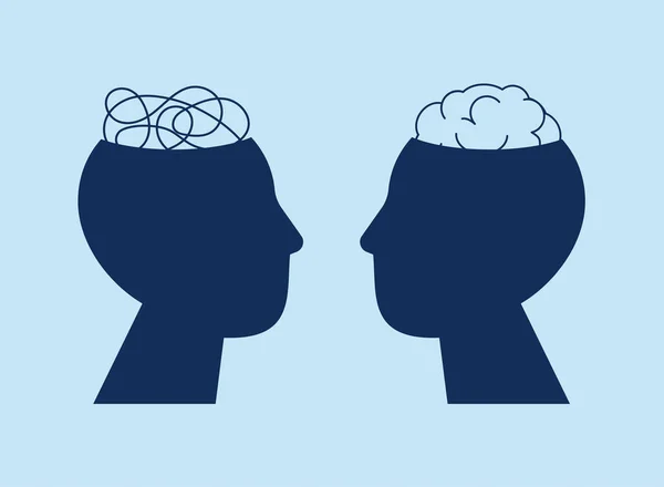 心理学の概念 脳を持つ2人の男性の頭と思考の絡み合った長方形の側面 性格障害 双極性障害 神経の絡み合い — ストックベクタ