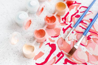 Painting by numbers. Acrylic paints and brushes for painting and home leisure, antistress