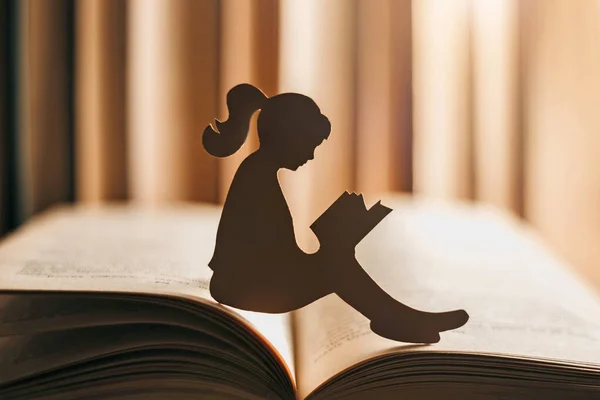Silhouette Paper Girl Reading Old Book Library Sitting Open Book — Stock Photo, Image