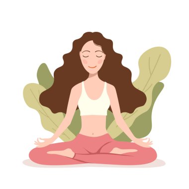 Uzun saçlı genç bir kız lotus pozisyonunda oturur ve meditasyon yapar. Vektör çizimi. Yoga, meditasyon, psikoloji kavramı