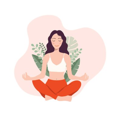 Kız açık fikirli bir şekilde Lotus pozisyonunda oturur ve tropik yaprakların arka planında meditasyon yapar. Vektör çizimi. Yoga, meditasyon konsepti.
