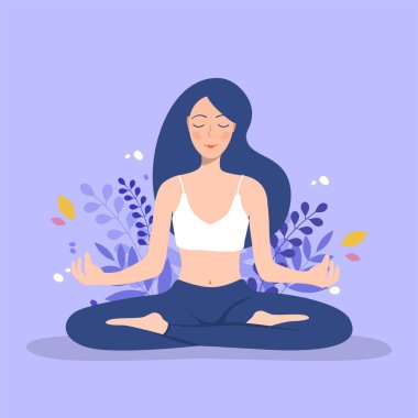 Kız lotus pozisyonunda oturur ve çiçekli leylak arkaplan üzerine meditasyon yapar. Kendini kabullenme