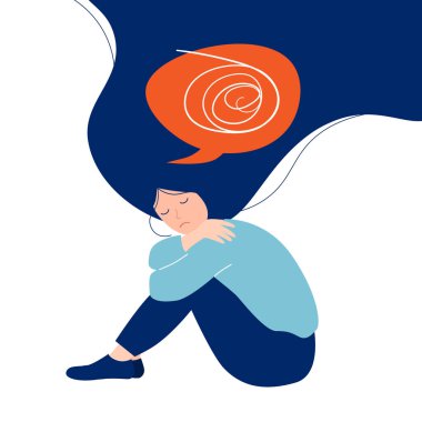 Kız, beyaz arka planda kafa karıştırıcı düşüncelerle yerde oturuyor. Dünya Akıl Sağlığı Günü. Vektör çizimi. Psikoterapi konsepti. Yalnızlık kavramı