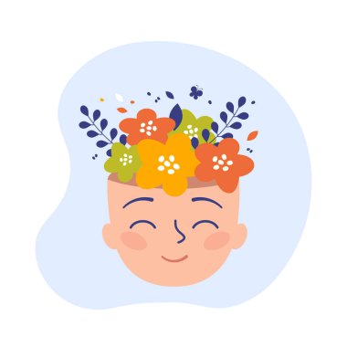 Kafasında çiçek olan kadın yüzü beyaz arka planda izole edilmiş. Akıl sağlığı. Pozitif düşünce konsepti