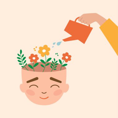 Akıl sağlığı konsepti. İnsan kafası çiçeklerle sulanıyor. Kişisel bakım. Olumlu düşün.