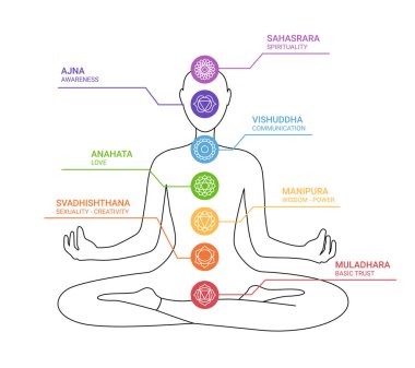 Lotus pozisyonundaki bir adamın çakra simgeleriyle doğrusal silueti.