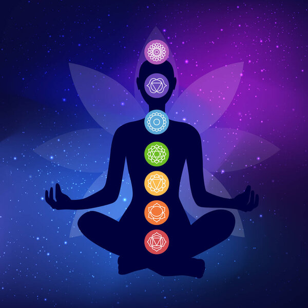human body silhouette with chakras icons. Meditating woman in lotus position on a space background. Chakras icons illustration