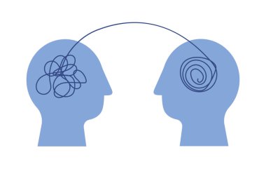 Kafası karışmış iki insan kafası silueti beyaz arka planda izole edilmiş. İki kişi arasındaki diyalog.