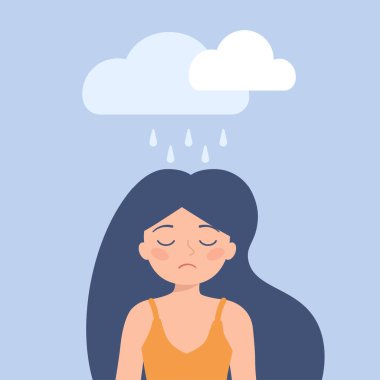 Kafasında yağmur bulutu olan üzgün bir kız. Mevsimsel depresyon, ilgisizlik, kötü ruh hali, alıngan kız. vektör illüstrasyonu