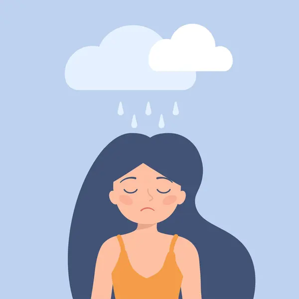 Kafasında yağmur bulutu olan üzgün bir kız. Mevsimsel depresyon, ilgisizlik, kötü ruh hali, alıngan kız. vektör illüstrasyonu