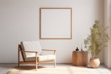 Mockup of a frame on a wall in a Scandinavian minimalist interior with a chair and white walls clipart