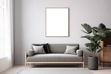 Kanepe bitkileri ve beyaz duvarları olan bir İskandinav iç mimarisi. minimalist stil