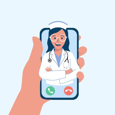 Online doktor danışmanlığı. Ekranda doktorun olduğu akıllı telefonu tutan bir kadın. Video çağrıları ve çevrimiçi tedavi