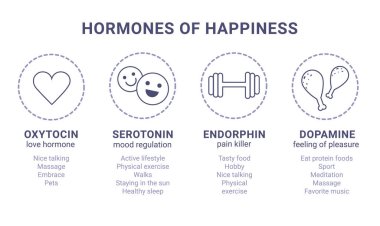 Mutluluk hormonları, oksitosin, serotonin, dopamin, beyaz arka planda izole edilmiş endorfin ikonları. Beyin biyokimyası