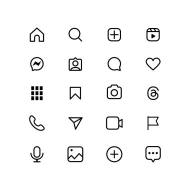 Beyaz arkaplanda izole edilmiş sosyal medya simgeleri. Telefon, kamera, bayrak, mesaj, yorum, mikrofon, resim simgesi