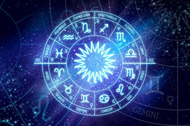 Bir uzayın arka planında Zodiac çemberi. Zodiac 'ın işaretleri için astronomik tahminler. Astroloji okulu. Zodiac işaretleri