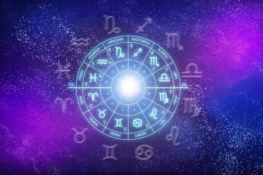 Kozmosun arka planında Zodiac çemberi. Astroloji. Yıldızların ve gezegenlerin bilimi. Esrarengiz bilgi. Yönetici gezegenler. Zodyak 'ın 12 işareti.