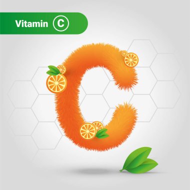 C vitamini turuncu harf ikonu. Kimyasal formüllü vitamin kompleksi, akrep asidi. Sağlık yardımı için ilaçlar. Soğuk algınlığı tedavisi. Vektör illüstrasyonu