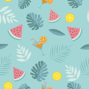 Kusursuz bir tropikal yaz geçmişi. Karpuz, kokteyl, tropikal yapraklar, mavi arka planda limon.