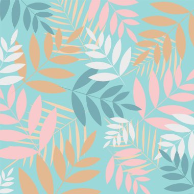 Mavi arka planda tropik yapraklar. Çiçek deseni. Tropik illüstrasyon. Yaz plajı tasarımı. Cennet doğası.