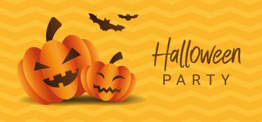 Sarı arka planda yarasa resimli iki korkunç balkabağı. Cadılar Bayramı konsepti, kopyalama alanı olan pankart.